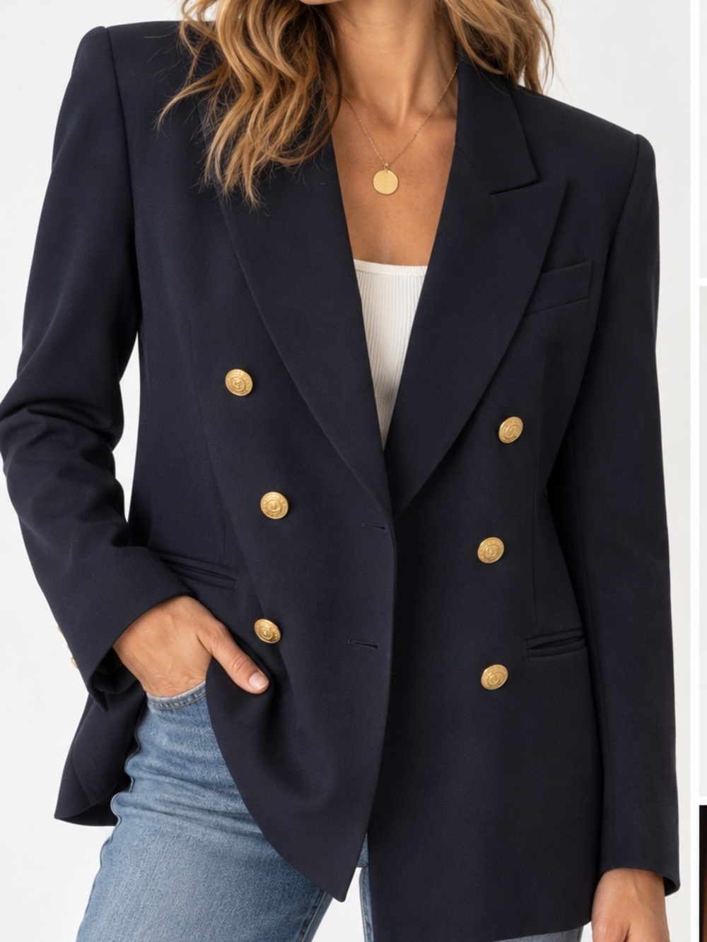 Vintage Jeannette Miner Paris Navy 100% Wool Double-Breasted Blazer Gold Buttons